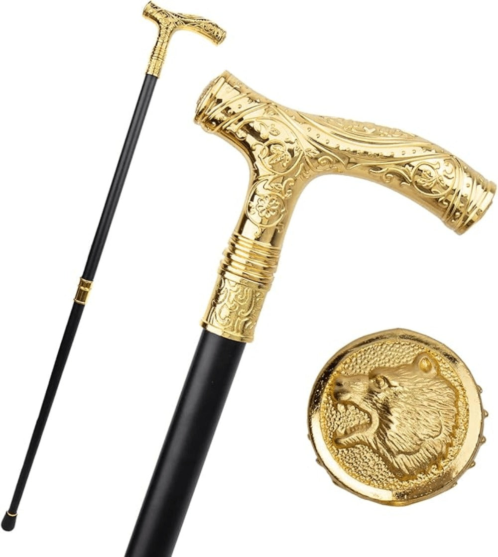 Walking Cane with Bear Head Handle Decorative Gentleman Stick Carved Flower Relief Knob Cane Fashion Mobility Aid Staff 35.4 Inch Golden