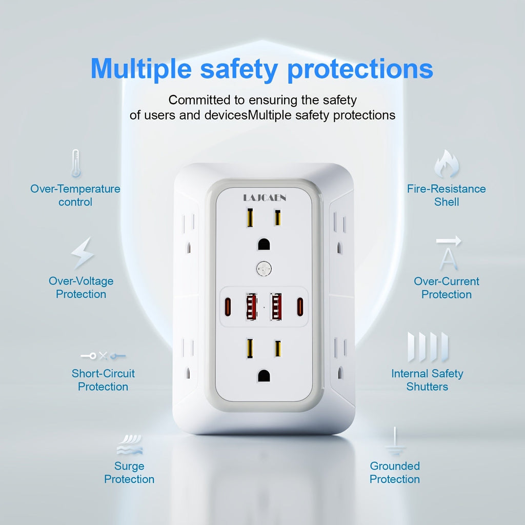Outlet Splitter Wall Expander 10-in-1 with 6 AC Outlets 2 USB-A 2 USB-C Ports 3-Sided Plug Extender Surge Protector Night Light Compact Space-Saving Design for Home Dorm Apartment Office