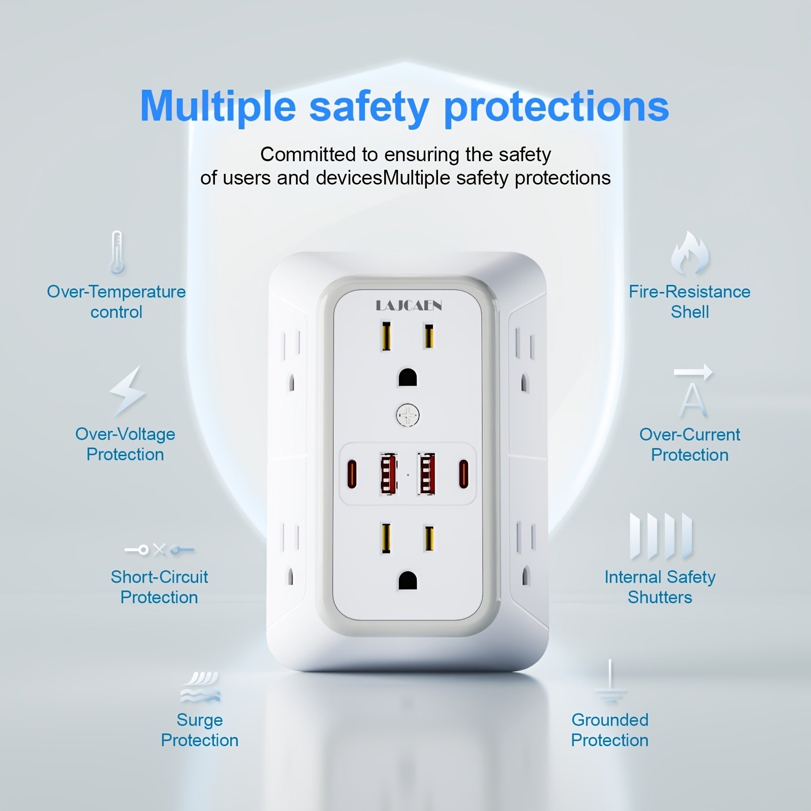 Outlet Splitter Wall Expander 10-in-1 with 6 AC Outlets 2 USB-A 2 USB-C Ports 3-Sided Plug Extender Surge Protector Night Light Compact Space-Saving Design for Home Dorm Apartment Office