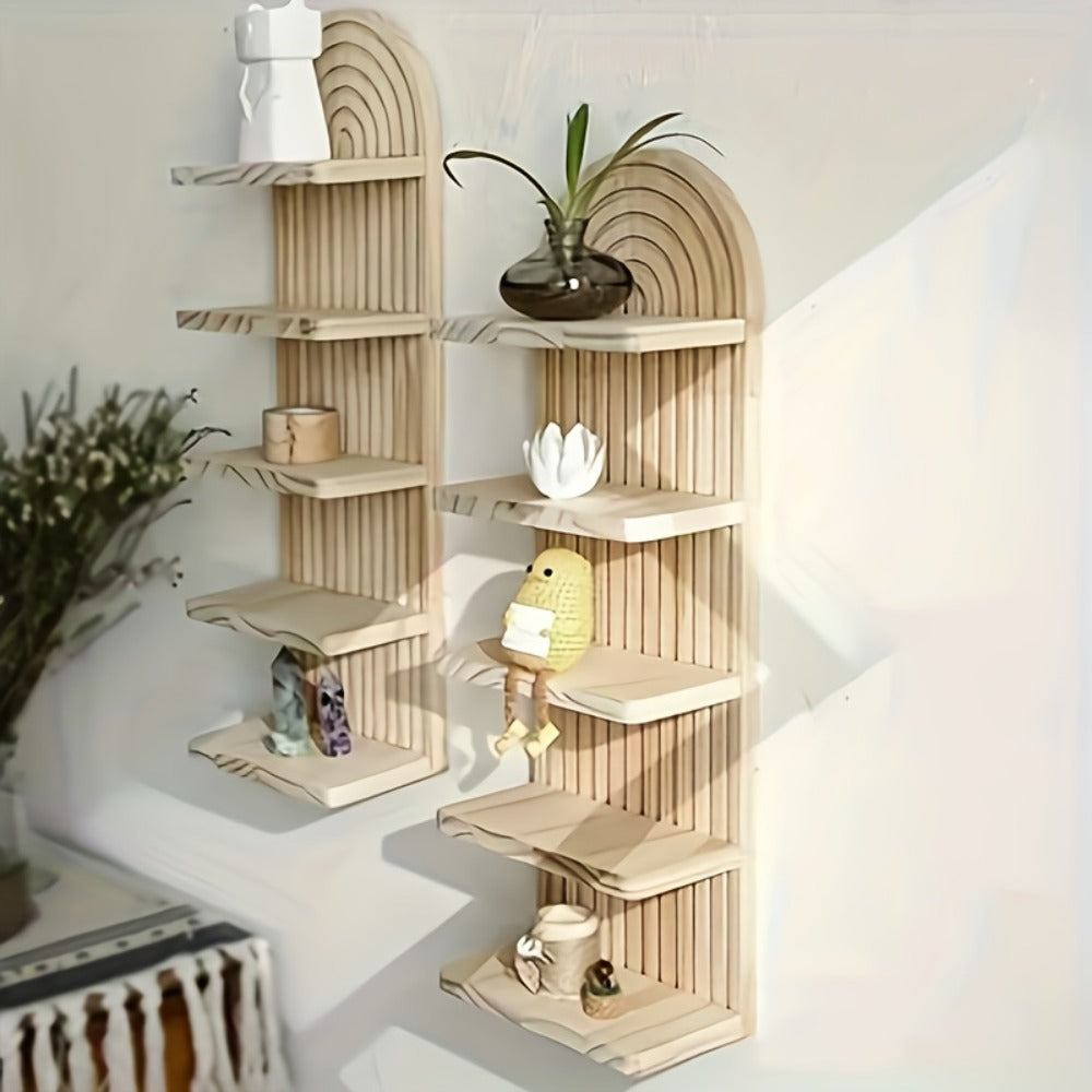 Boho Wooden Wall Shelf Floating Plant Shelf ¨C 3 or 5 Tier Oval Hanging Flower Pot Rack, Minimalist Bedroom Living Room Storage Display Shelf, Wall-Mounted Wood Decor for Home & Apartment