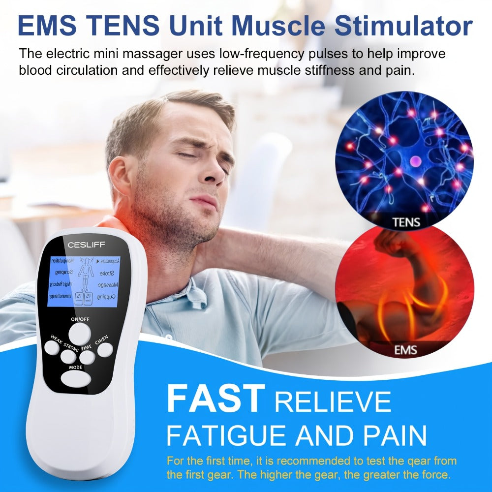 TENS Unit Muscle Stimulator for Pain Relief Digital EMS Therapy Device for Back Neck Hip Nerve Pain Arthritis Tendonitis Stiffness Recovery Post-Workout Relaxation with Accessories 6-Mode and 8-Mode