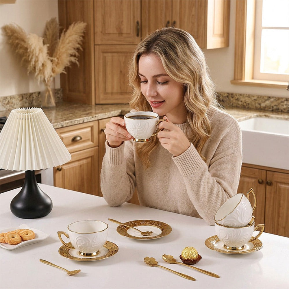 Espresso Cups Set 12 Pcs ¨C 7.44 Oz Small Ceramic Cappuccino Cup Set with 6 Cups, 6 Trays & 6 Spoons ¨C Elegant Coffee & Tea Cup Set with Handles ¨C Perfect Gift for Coffee Lovers