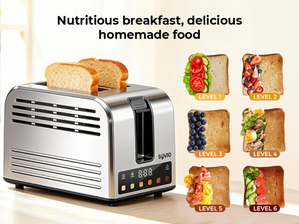 Toaster 2-Slice Stainless Steel Smart Touchscreen ¨C 5 Bread Types, 6 Browning Levels, Wide Slots, Temperature Control, Removable Crumb Tray, Compact Kitchen Toaster