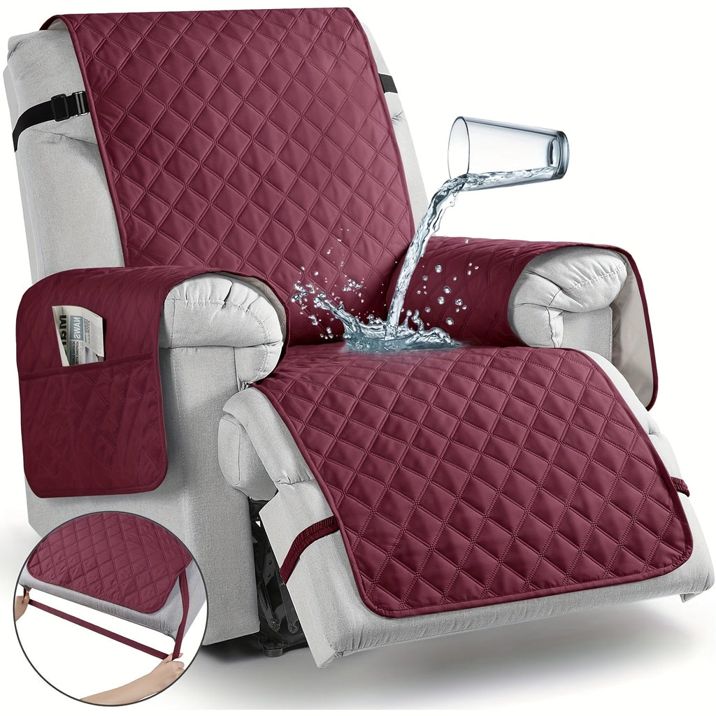 Waterproof Recliner Chair Cover with Pocket | Non-Slip Washable Reclining Sofa Protector for Dogs Cats, Adjustable Strap