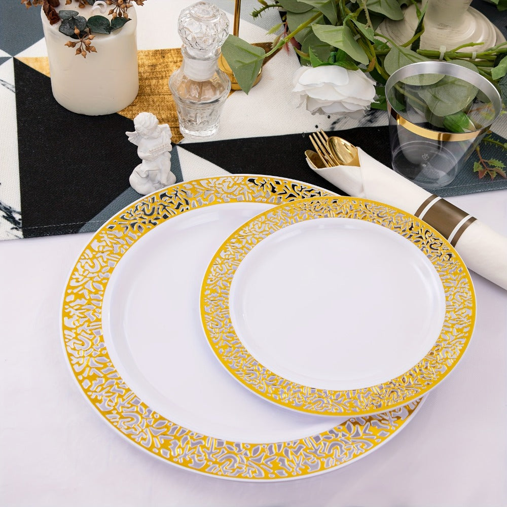 Gold Disposable Dinnerware Set for 50 Guests 350pcs ¨C Includes Dinner Plates, Dessert Plates, 9oz Cups with Gold Rim, Pre-Rolled Napkins & Gold Cutlery | Perfect for Wedding, Party & Holiday Celebration