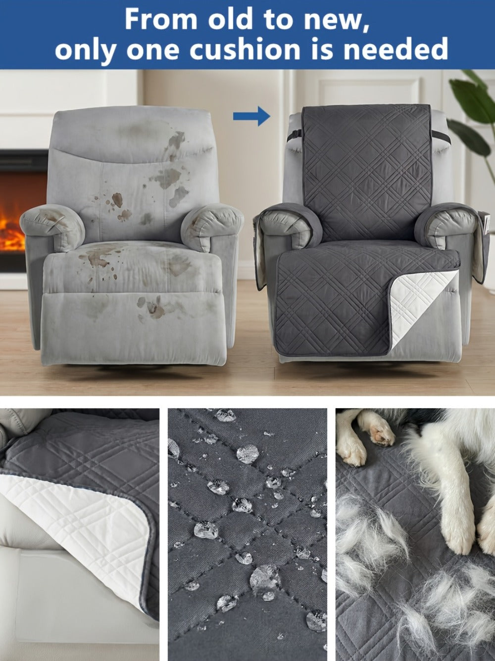 Recliner Cover Quilted with Side Pocket - Anti-Slip Elastic Band Pet Friendly Sofa Chair Protective Slipcover Easy Install for Living Room Home Decor, 6 Colors