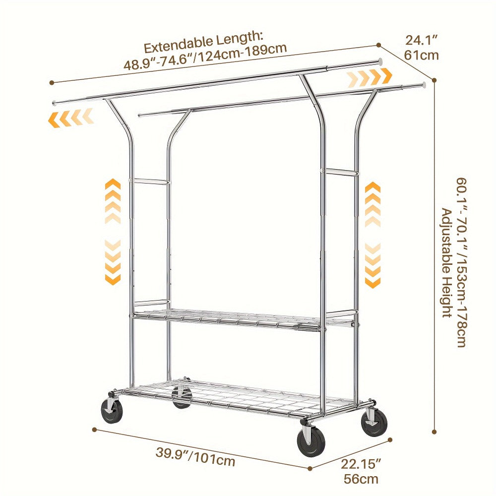 Heavy Duty Clothes Rack 630lbs Double Rod Rolling Garment Rack with Wheels Adjustable Height Width Freestanding Portable Clothing Stand with Bottom Shelves for Bedroom Closet Laundry Room Silver