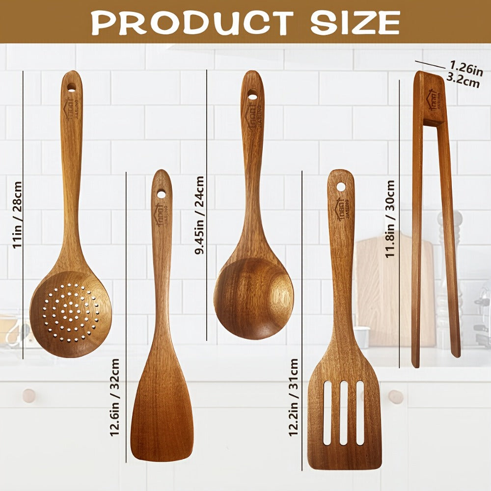 Wooden Kitchen Utensils Set 3/5/7Pcs ¨C Natural Wood Spoons, Spurtle, Ladle & Wok Spatulas for Non-Stick Pans | Heat Resistant, Ergonomic Handle, Easy to Clean