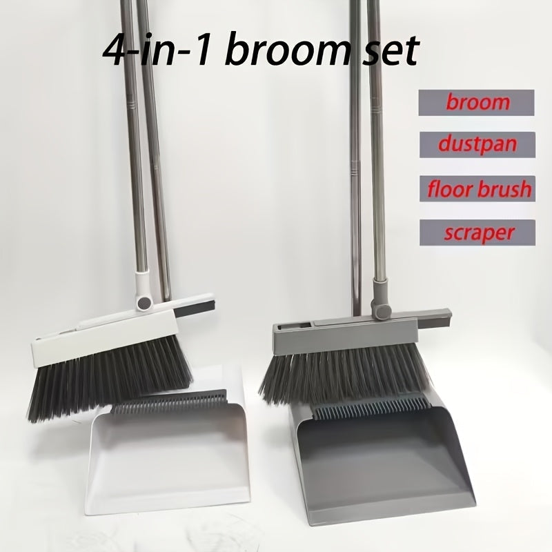 Broom and Dustpan Set with Long Handle - 2-in-1 3-in-1 4-in-1 Foldable Broom Dustpan Combo with Floor Brush for Home Office Dorm Room, Quick Dust Removal Household Cleaning Tool Set, White Pink Blue Orange Purple Grey