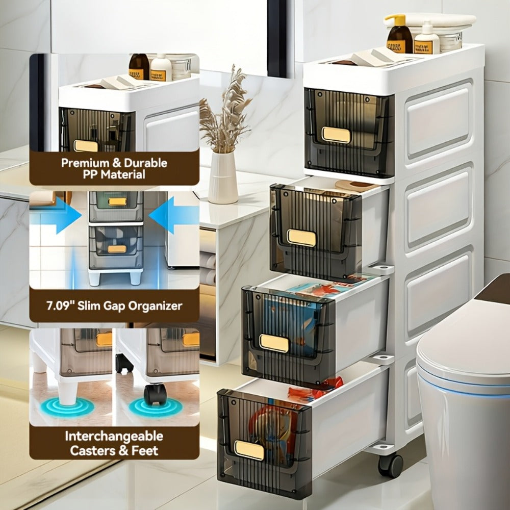 Slim Storage Cabinet with Drawers & Wheels - Waterproof PP Bathroom Kitchen Organizer, 3-5 Layer Tower Unit for Small Spaces