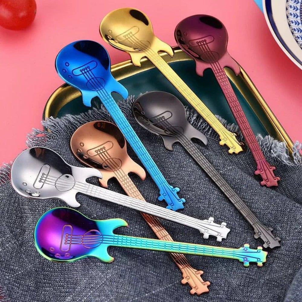 Guitar Shaped Spoons Set of 6 304 Stainless Steel Creative Teaspoons for Coffee Milk Tea Ice Cream Dessert - Colorful Novelty Cutlery Gift Set 7 Random Colors