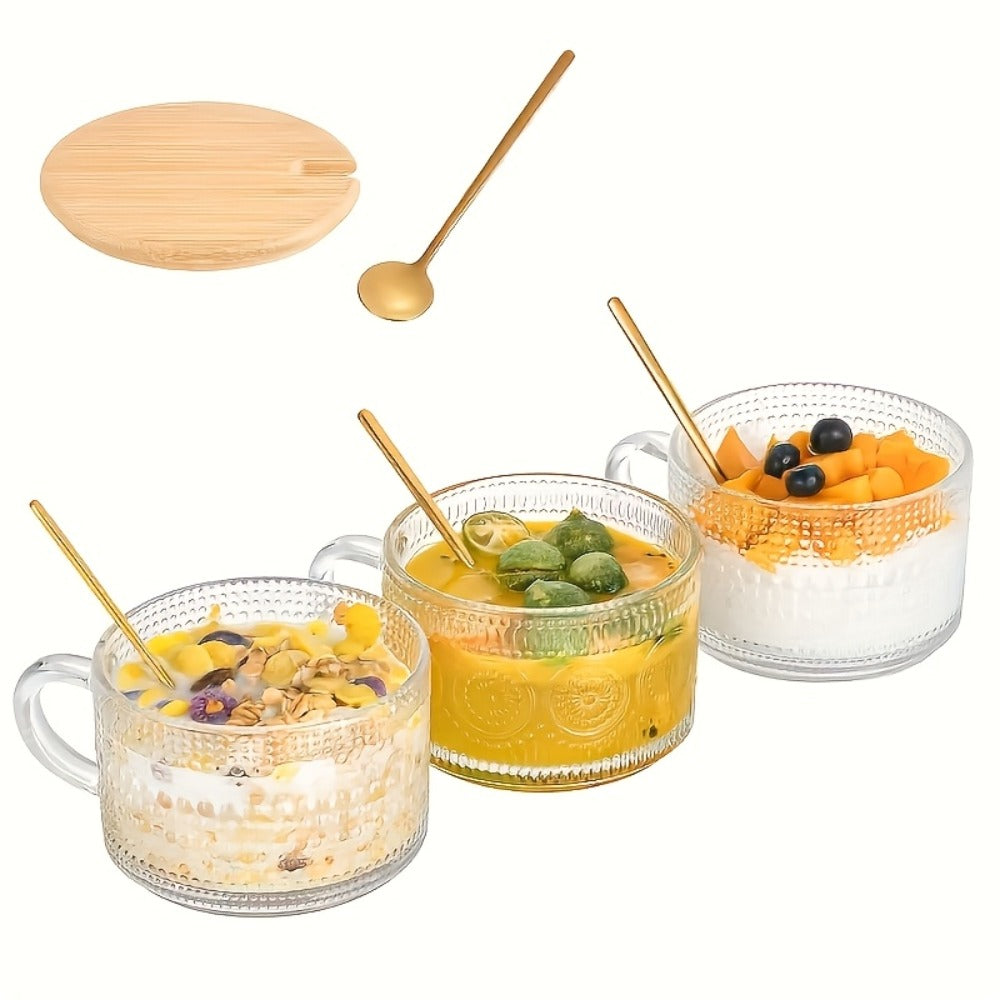 Glass Coffee Cups Set of 4 with Bamboo Lids and Spoons 450ml Vintage Embossed Iced Coffee Glasses for Cappuccino Latte Overnight Oats