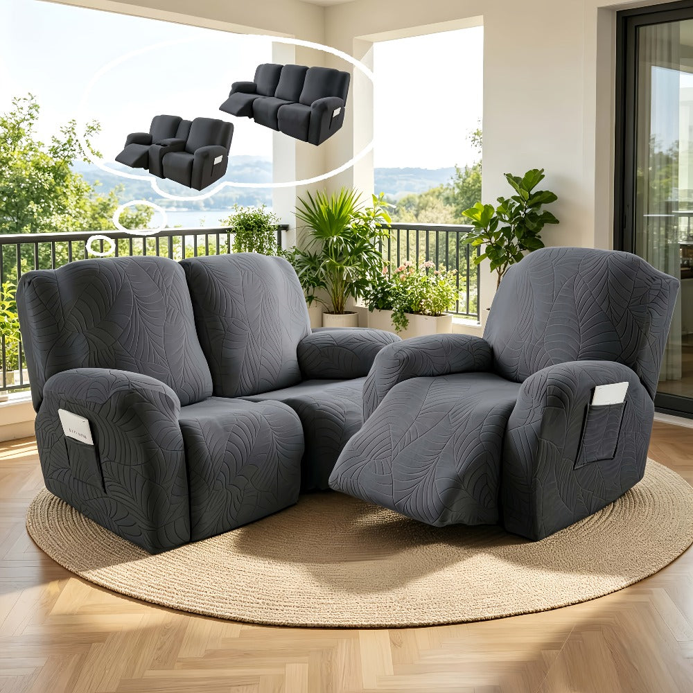 Jacquard Stretch Sofa Recliner Cover Big Leaves - High Stretch Soft Washable Slipcover for 1 2 3 Seat Loveseat with Console Furniture Protector Home Decor, 6 Colors