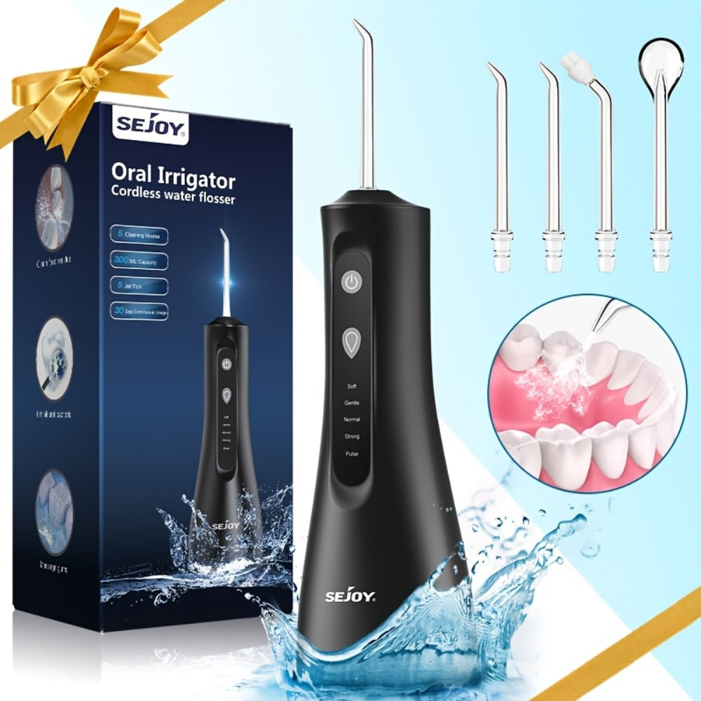 Cordless Water Flosser Dental Oral Irrigator - 5 Cleaning Modes, 5 Jet Tips, Rechargeable Wireless Teeth Cleaner for Deep Gum Care, Plaque Removal & Braces, Home & Travel Dental Gift