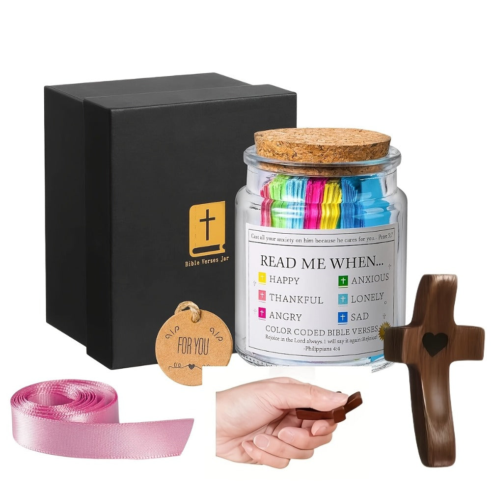 Bible Verse Jar with Handmade Wooden Cross 92 Scripture Cards Christian Gift Set for Women ¨C Easter, Christmas, Birthday, Father¡¯s Day & Graduation