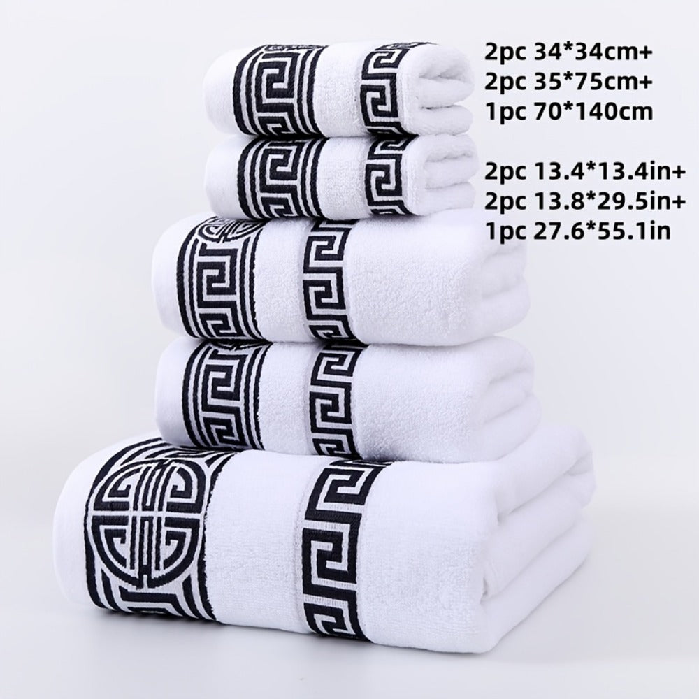 5-Piece 100% Cotton Towel Set ¨C 1 Bath Towel, 2 Hand Towels & 2 Washcloths | Ultra-Soft, Highly Absorbent, Exquisite Pattern Design for Home Bathroom