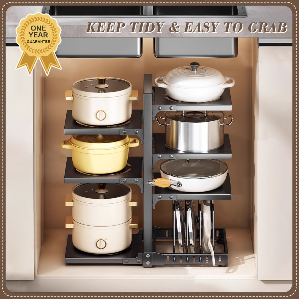 Kitchen Storage Rack Multi-Tier Adjustable - Drain Organizer for Pots Pans and Cutlery with Paint Finish, Floor Standing or Wall Mountable Pot Rack for Kitchen Counter and Cabinet, Available in 2 to 7 Tiers in Black White and Grey