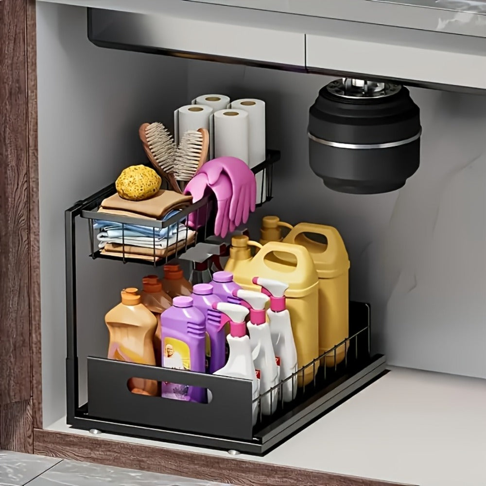 Under Sink Organizer Pull Out, 2-Tier Slide Out Cabinet Organizer with Adjustable Shelves, Under Sink Storage Rack for Kitchen Bathroom Cabinet Organization