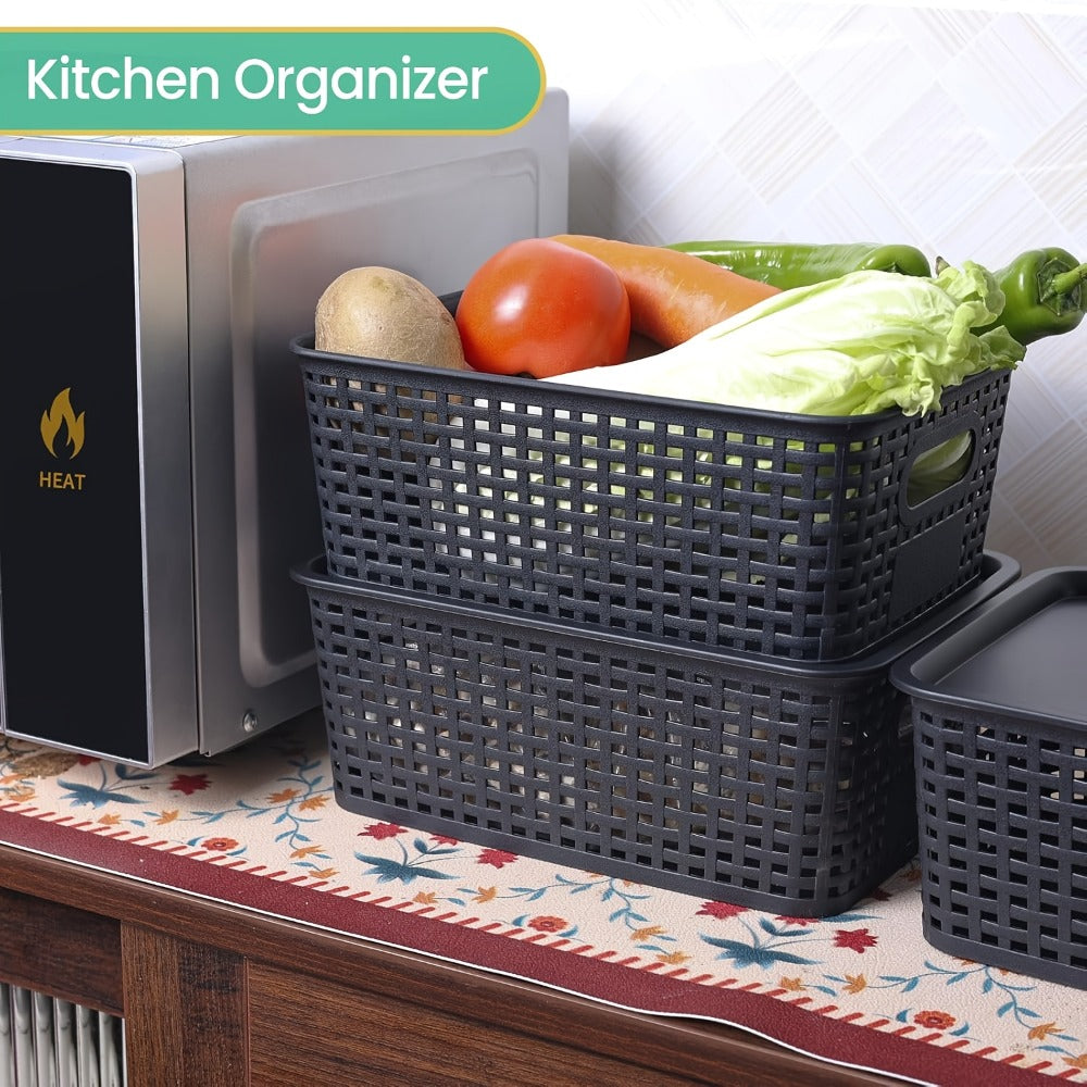 Storage Organizer Bins with Lids 4/8 Pack | Space-Saving Stackable Boxes 10¡±x7¡±x4¡± for Shelves, Closet & Desk - Declutter Bins for Dorm, Playroom & Office with File Organizer Bag, White Black Gray Red