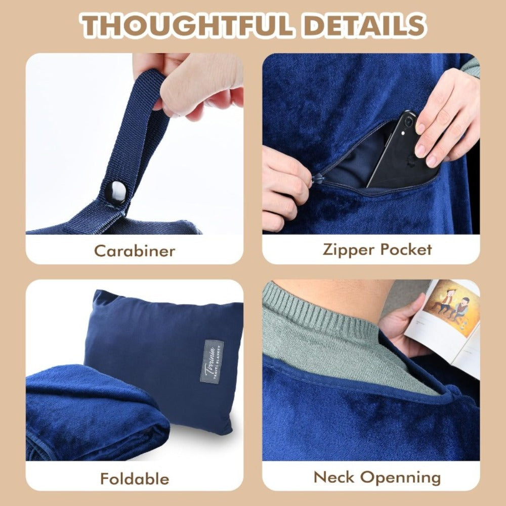 4-in-1 Travel Blanket Airplane - Soft Fleece Poncho Pillow Lumbar Support with Built-in Zipper Bag, Lightweight Packable 40x60in Blanket for Plane Car Office, Holiday Gift