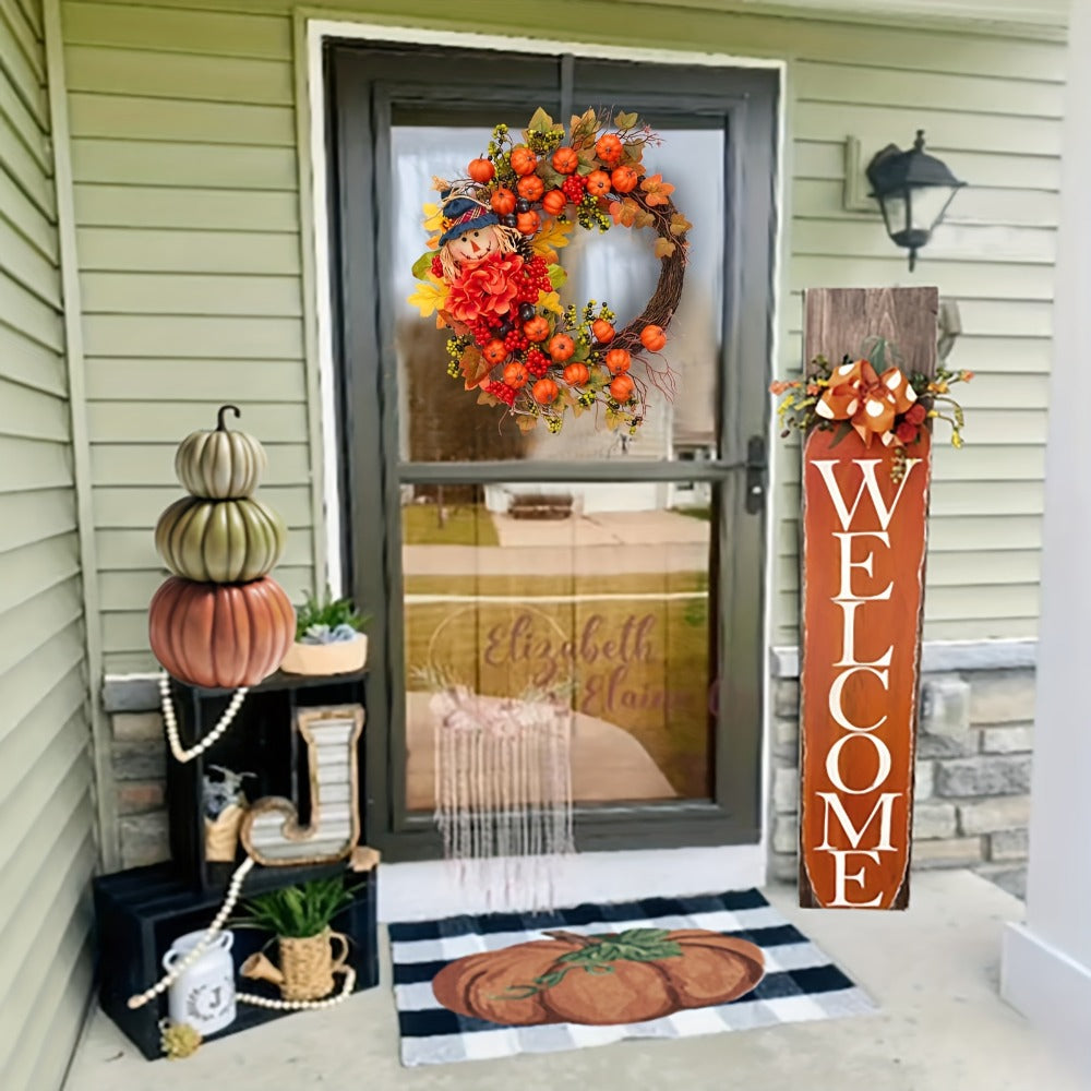 Fall Wreath for Front Door Autumn Thanksgiving Pumpkin Leaves Floral Doll Wreath Indoor Outdoor Wall Window Holiday Home Decor Christmas
