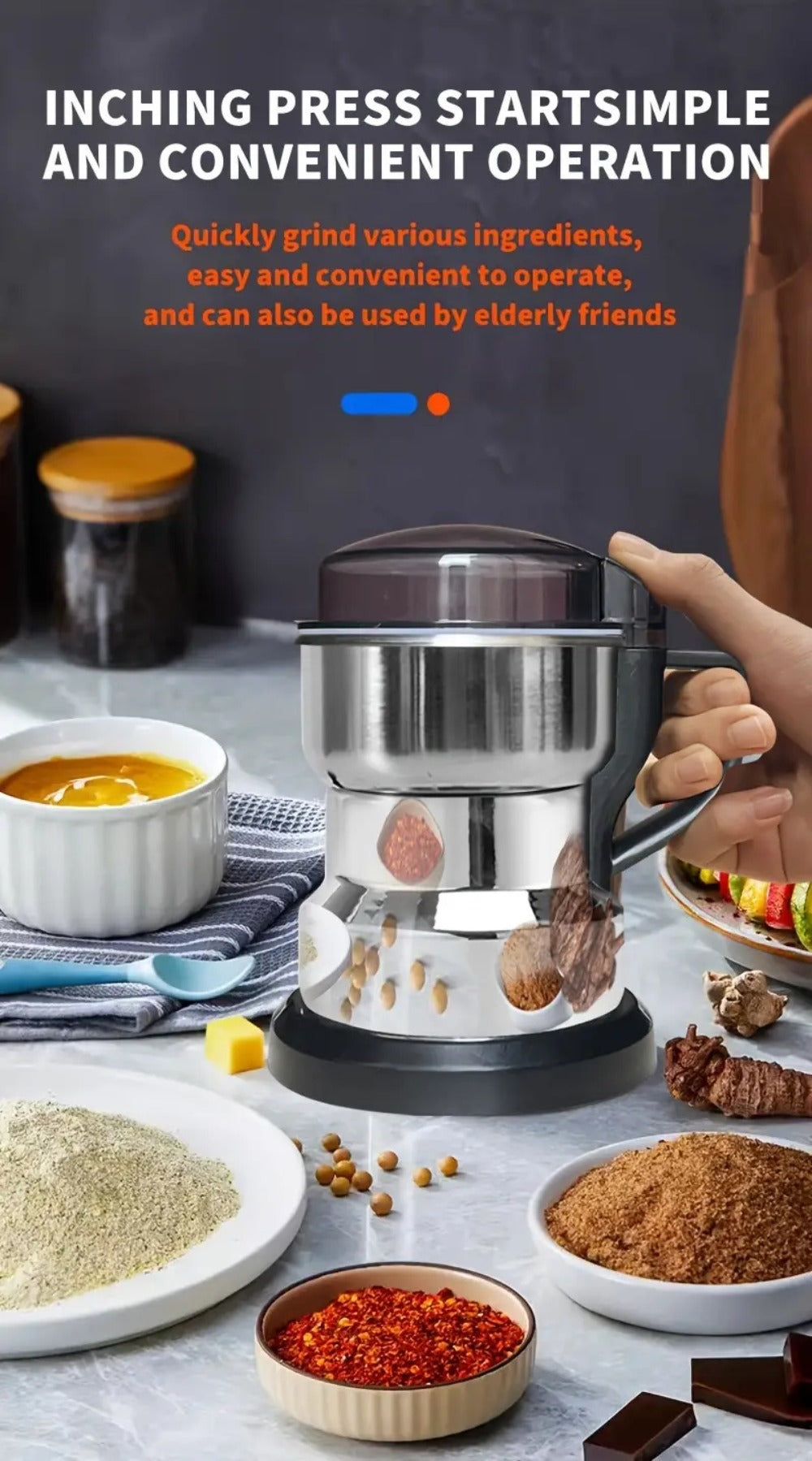 Electric Coffee Grinder 300W 4-Blade Stainless Steel Spice Nut Bean Grinder 400g 14oz Deepen Chamber Wet Dry Food Processor 10-Second Fast Grinding One-Button Control