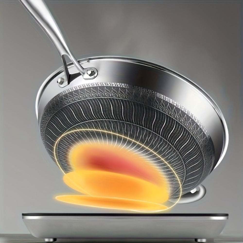 Stainless Steel Wok Set 13.3 Inch Non-stick Honeycomb Design with Lid & 2 Cookware Accessories ¨C Induction Compatible Cooking Pan for Electric Ceramic Gas Stove, Dishwasher Safe