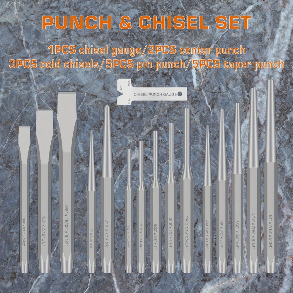 Punch and Chisel Set 16pcs Cr-V Steel with Taper Punch Cold Chisels Pin & Center Punches Fabric Storage Case Heavy-Duty Non-Electric Hand Tool Kit for Metalworking Woodworking Automotive DIY