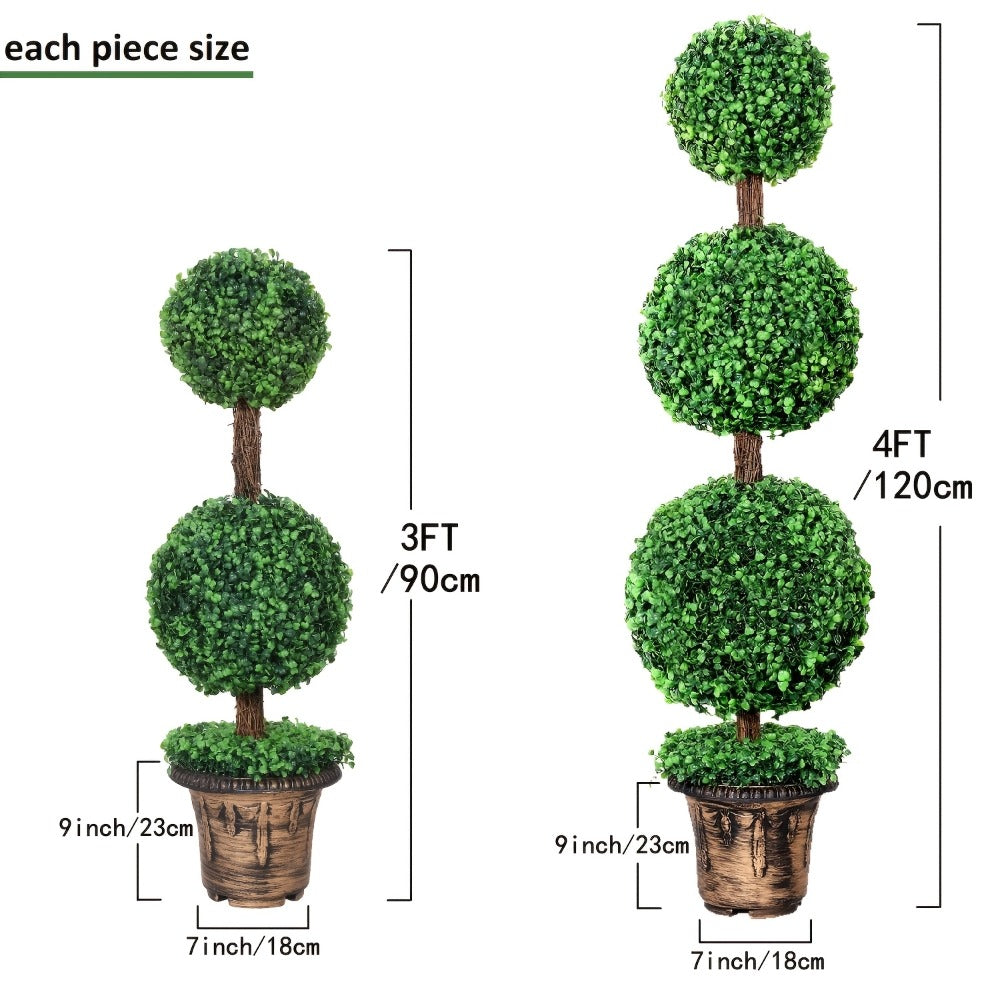 Artificial Boxwood Topiary Tree 2 Pack 3ft 4ft Faux Topiary Ball Tree Potted Plant for Front Door Porch Living Room Indoor Outdoor Decor