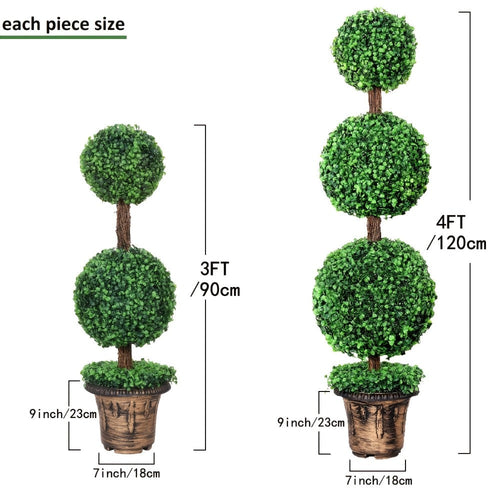 Artificial Boxwood Topiary Tree 2 Pack 3ft 4ft Faux Topiary Ball Tree Potted Plant for Front Door Porch Living Room Indoor Outdoor Decor