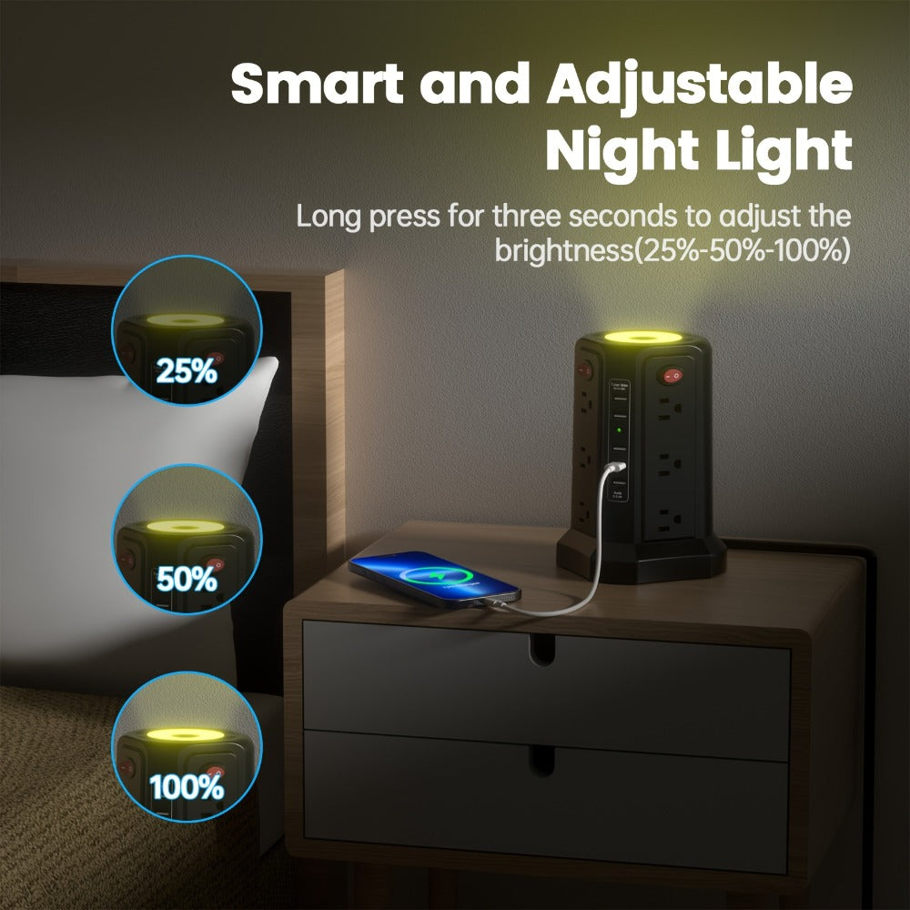 Surge Protector Power Strip Tower with 12 AC Outlets 5 USB Ports 8.8FT Extension Cord Night Light 4 Individual Switches Overload Protection for Home Office Desk Dorm Room