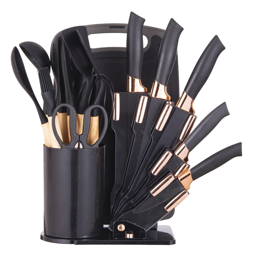 19-Piece Kitchen Knife & Utensil Set with Wooden Handles, Non-Stick Blades, Silicone Cooking Tools, Cutting Board, Scissors & Holder