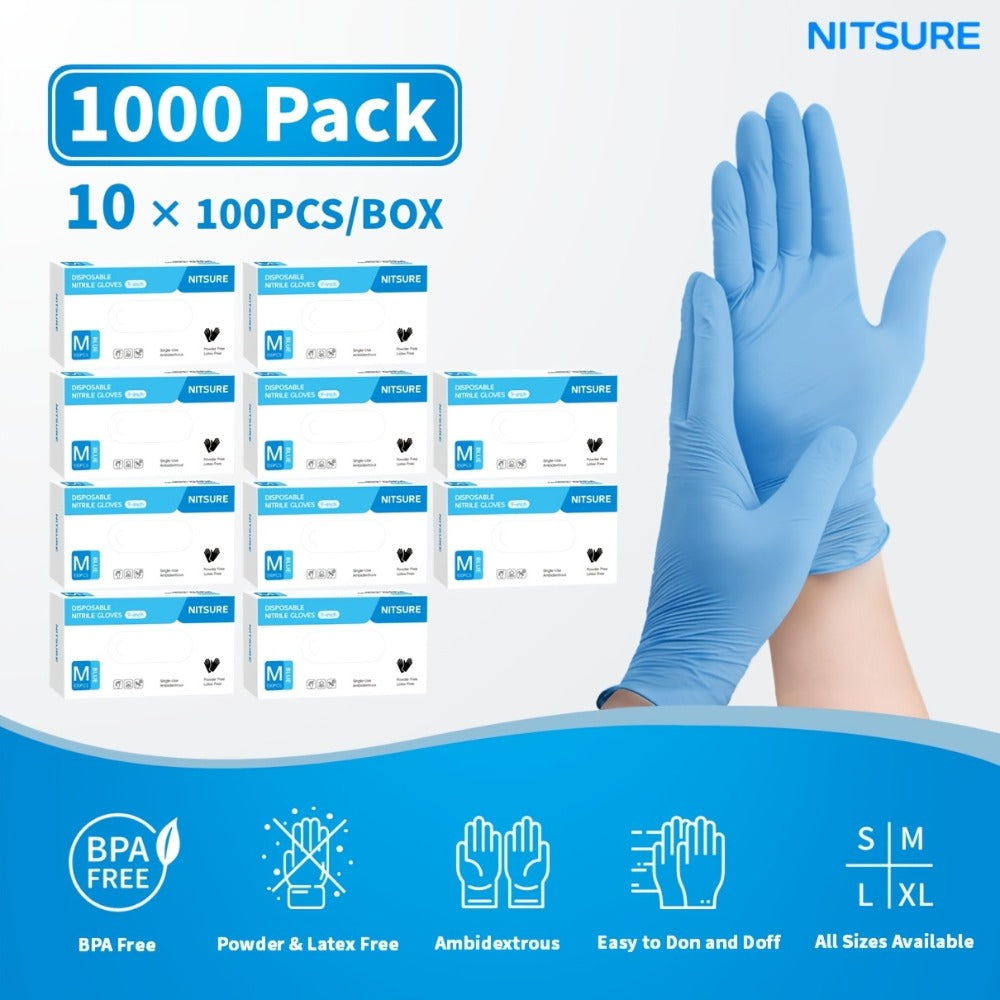 Blue Nitrile Disposable Gloves 5.5 Mil, Bulk Pack 101/201/501/1000 Count, Latex-Free Powder-Free Chemical Resistant Elastic Fit, for Household Cleaning, Tattooing, Painting, Car Washing & Maintenance