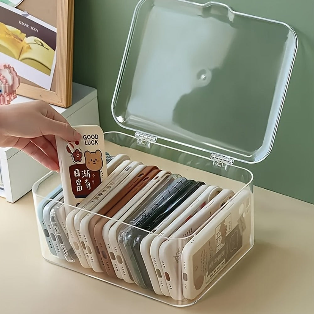 Clear Acrylic Desktop Organizer with Lid - Phone Case Storage Basket for Home Office Desk Organization