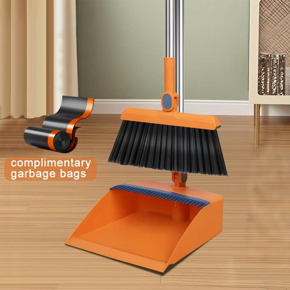 3-in-1 Magnetic Broom Dustpan and Garbage Bag Set Rotatable Foldable Soft Bristle Non-Stick Pet Hair Broom for Hard Floors Space Saving Living Room Bedroom Bathroom Outdoor White Orange