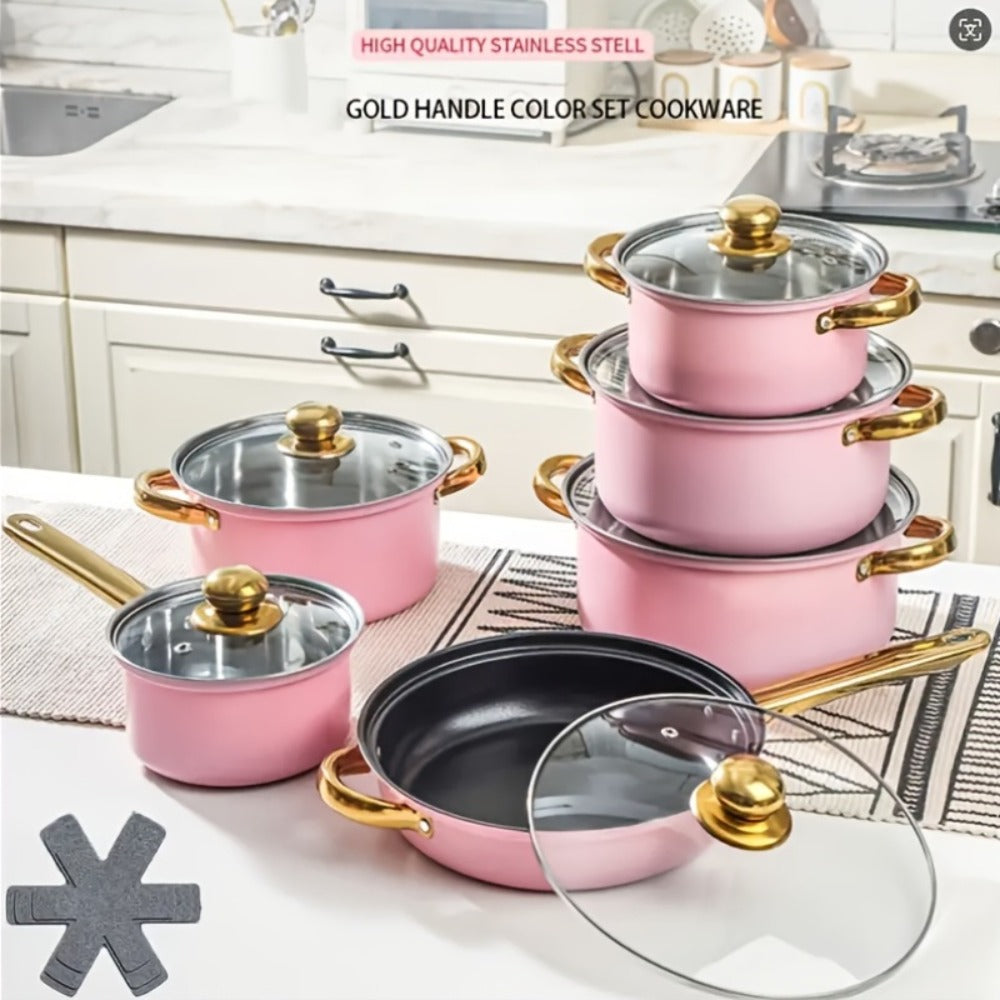 Stainless Steel Deep Pot Cookware Set 10 & 12 Piece with Lids & Dual Handles ¨C Oven Safe Soup Hot Pot Pasta Seafood Stew Pots | Silver Pink Gold | Home Restaurant Cooking Gift Set