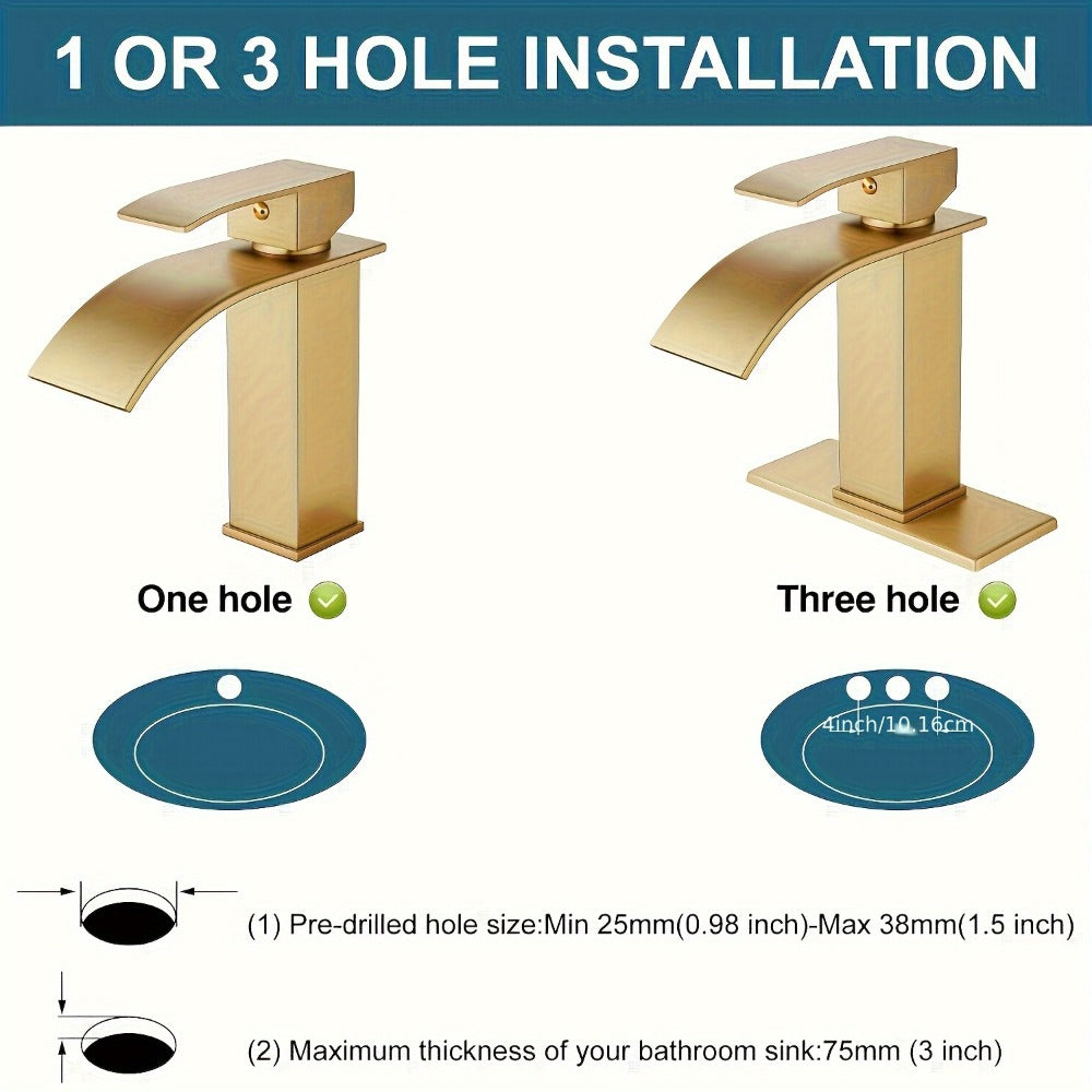 Waterfall Bathroom Sink Faucet, Single Hole or 3-Hole Mixer Tap with 6¡± Deck Plate, Ceramic Valve, Vanity Faucet for Farmhouse RV Bathroom, Brushed Gold Matte Black Nickel Chrome