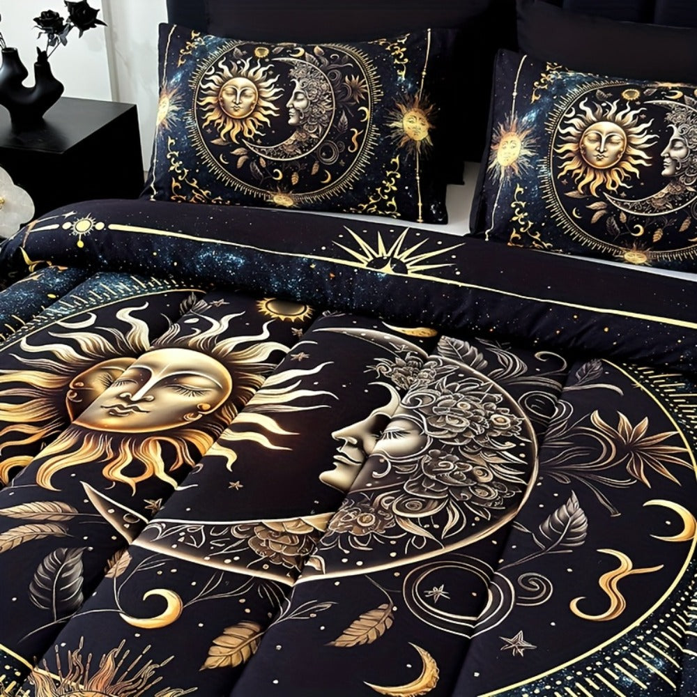 Sun Moon Planet Comforter Set 3pcs Digital Print Quilted Bedding 1 Comforter 2 Pillowcases 180GSM Soft Breathable Black Celestial Bedroom Decor Twin Full Queen King Size Dormitory