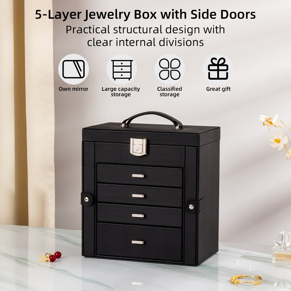Large Jewelry Box 5-Tier PU Leather Organizer with Lock & Mirror ¨C Storage Case for Bracelets, Earrings, Rings & Necklaces