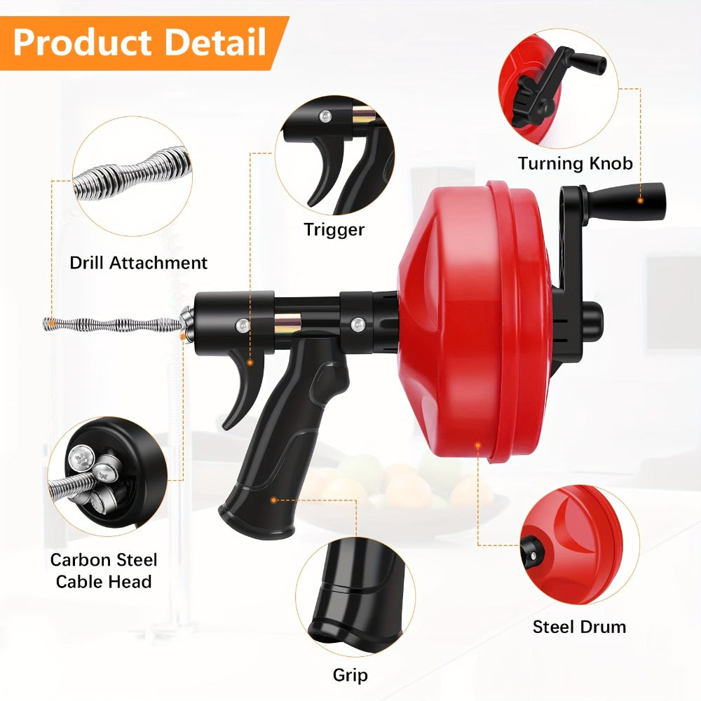 Drain Snake Auger 25ft with Drill Adapter - Heavy Duty Manual & Drill-Powered Plumbing Snake, 1/4¡± Spiral Head for 1-1/4¡± to 3¡± Pipes, Clog Remover for Shower Sink Toilet Bathtub, Gloves Included