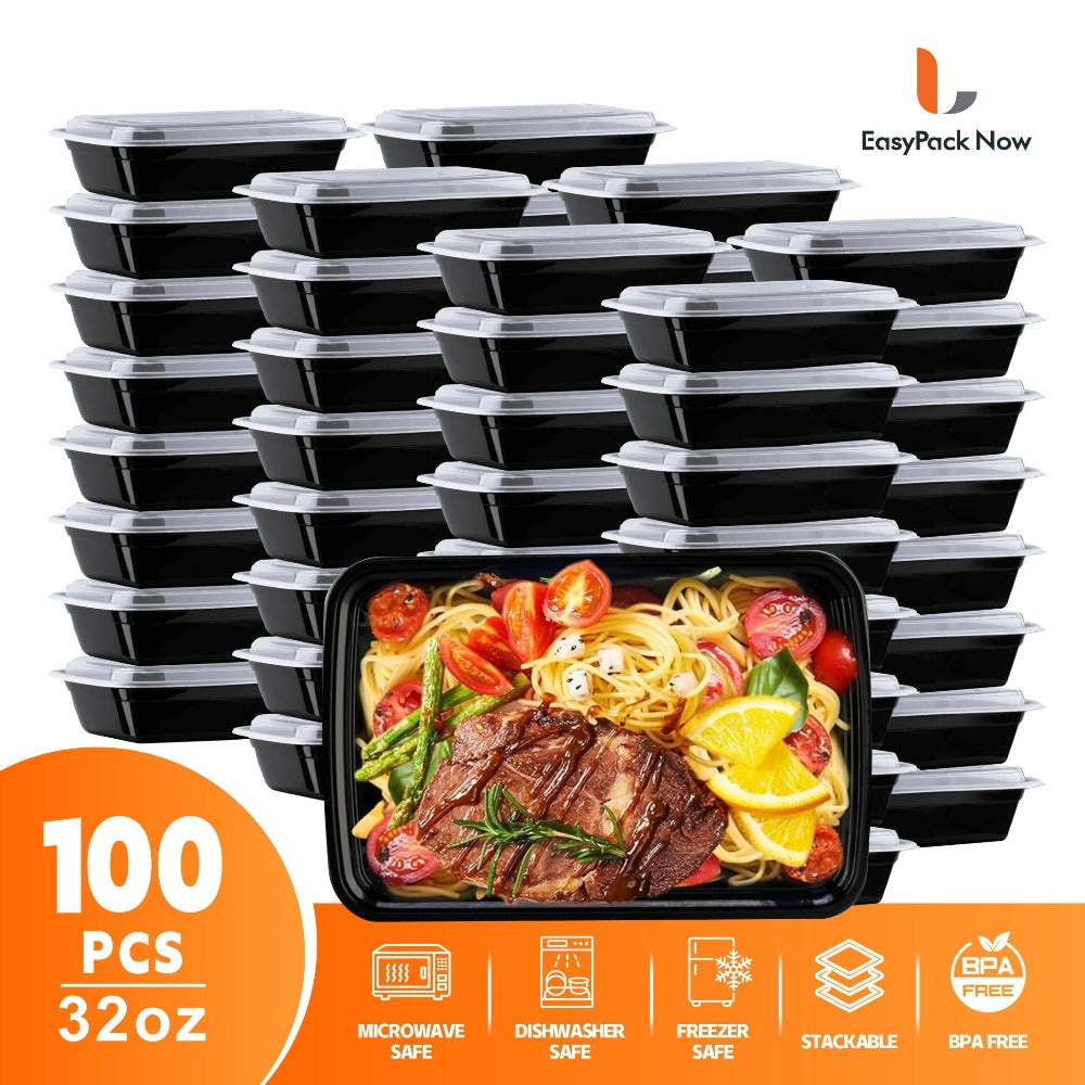 Meal Prep Containers 32oz 100 Pack ¨C Black Stackable Leakproof Food Storage Set (50 Containers + 50 Lids), BPA-Free, Microwave & Dishwasher Safe, for Food Truck, Catering, Office Lunch & Takeout