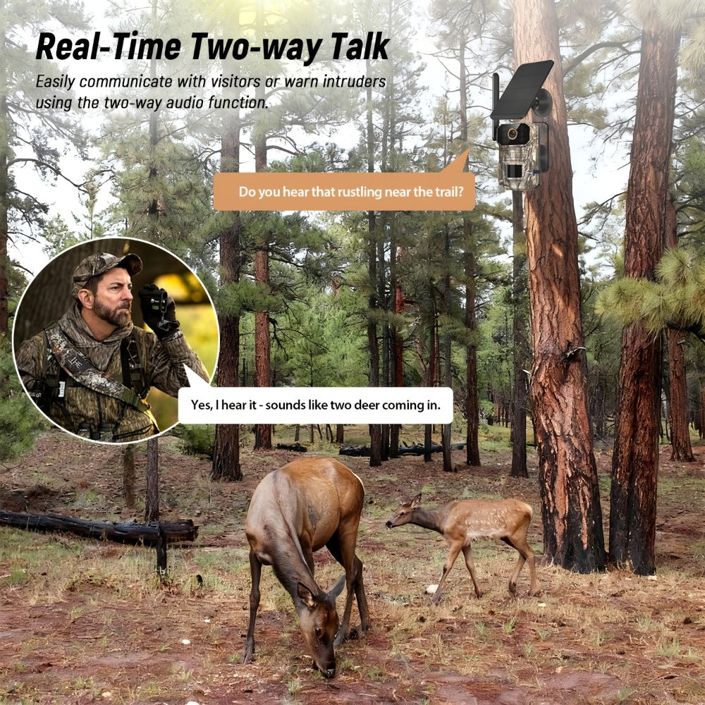 4G LTE Cellular Trail Camera with Solar Panel ¨C 4K Wildlife Monitoring Camera, PIR Motion Sensor, Infrared Night Vision, Two-Way Voice, Remote Access, No WiFi Required, for Hunting & Security (Camo/Brown)