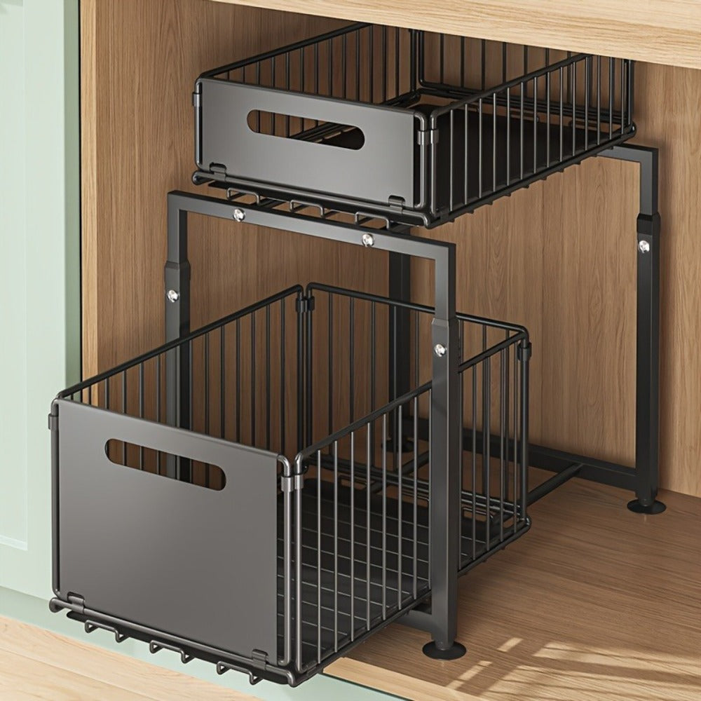 Under Sink Organizer 2-Tier Slide Out Pull Out Drawer Metal Basket Height Adjustable - Under Sink Cabinet Organizer for Kitchen Bathroom Storage, Sliding Shelf Rack for Cleaning Supplies Toiletries