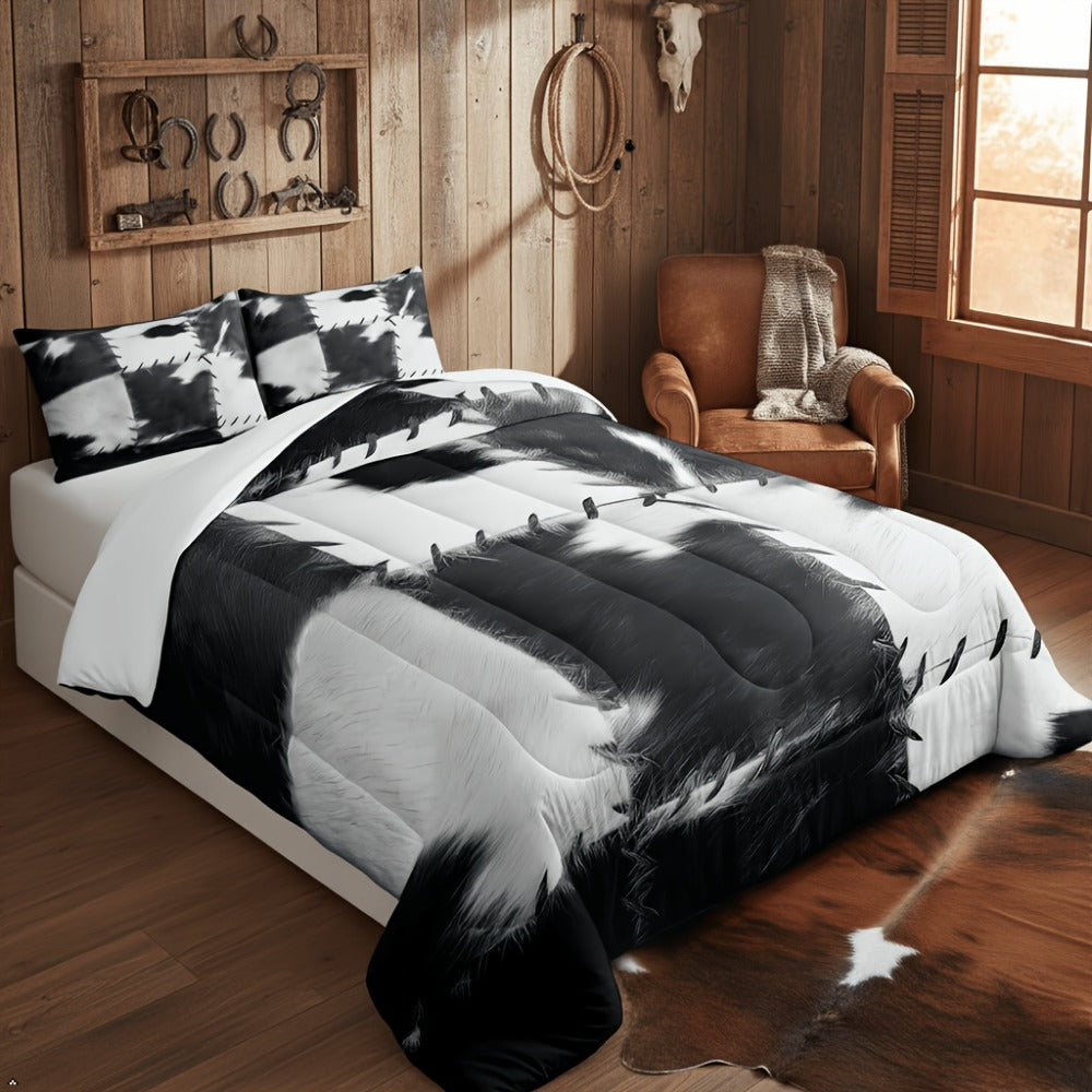 Cowhide Print Comforter Set 2/3pcs, Farmhouse Western Faux Animal Fur Bedding, Patchwork Cow Skin Quilt Set for All Beds, Soft Cozy Grey White