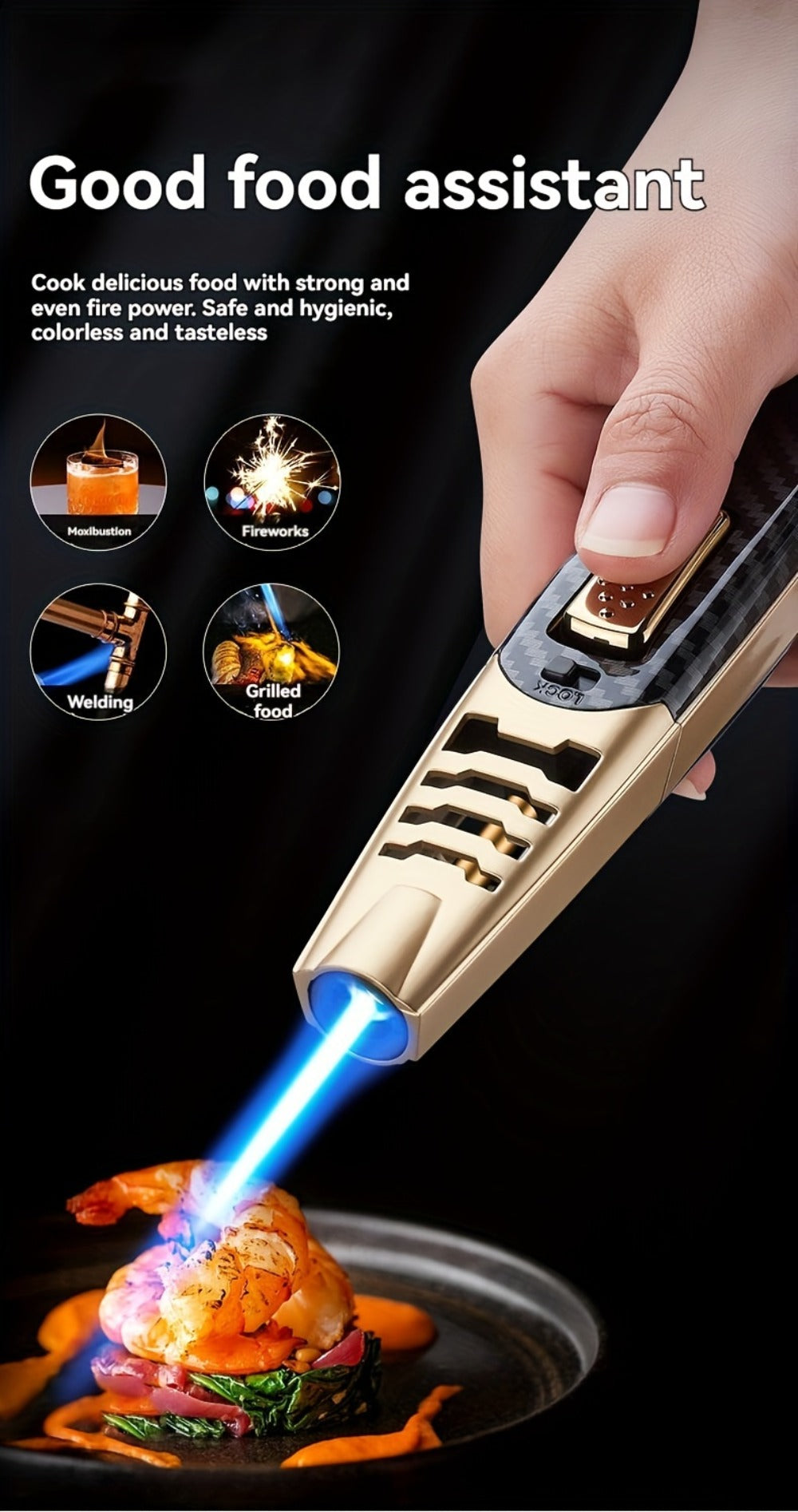 Kitchen Torch Lighter Carbon Fiber Windproof, Adjustable High-Temperature Flame with Safety Lock, Refillable Butane Culinary Torch for Baking, Creme Brulee, Caramel, Welding & Outdoor Use ¨C Black & Gray (Butane Not Included)