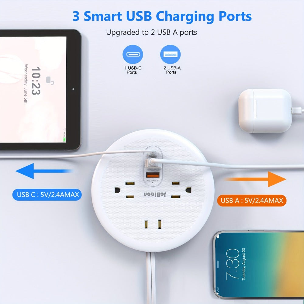 Travel Power Strip Retractable 4ft Flat Plug Extension Cord 3 Outlets 3 USB Ports 2 USB-C Compact Charging Station for Dorm Office Home Desk Travel