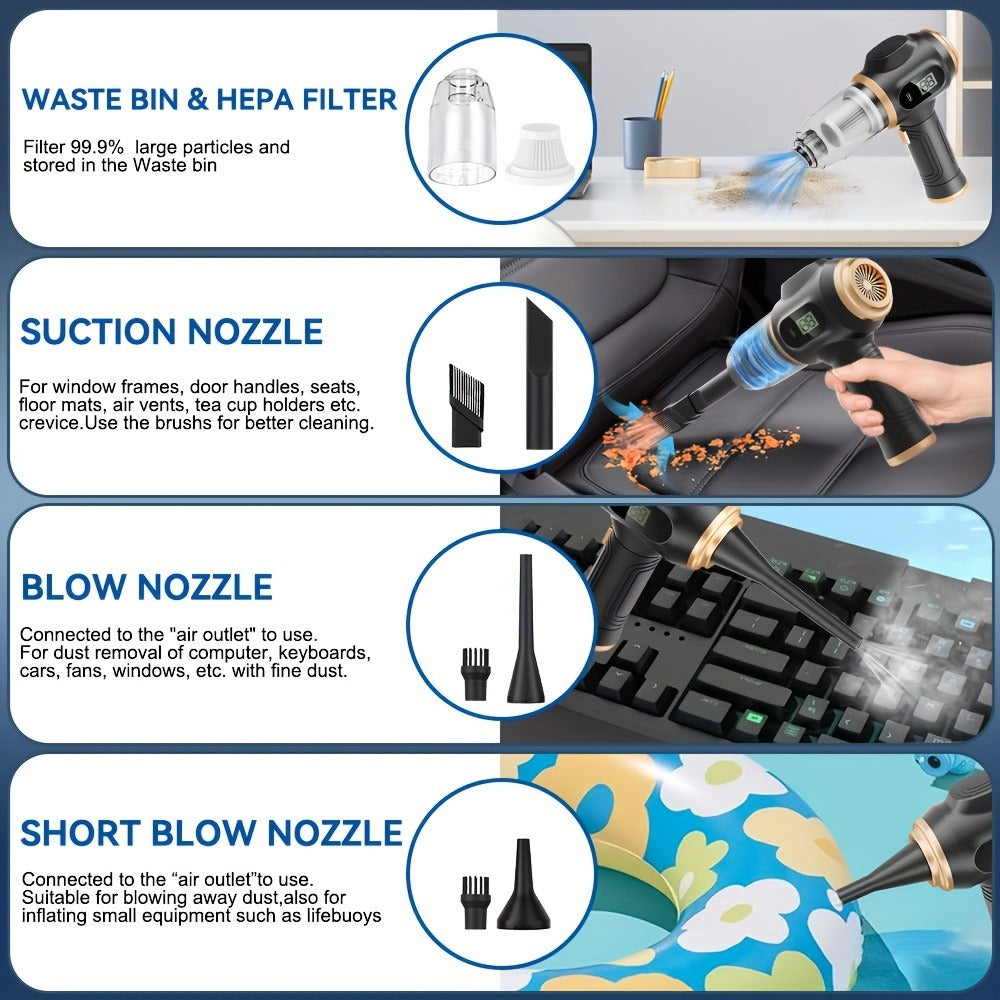 Cordless Handheld Vacuum Cleaner with LCD Display & Multi-Nozzles, 9000Pa Suction 50000RPM HEPA Filter, 2-in-1 Blow & Vacuum for Car Home Office Pet Hair Keyboard Sofa