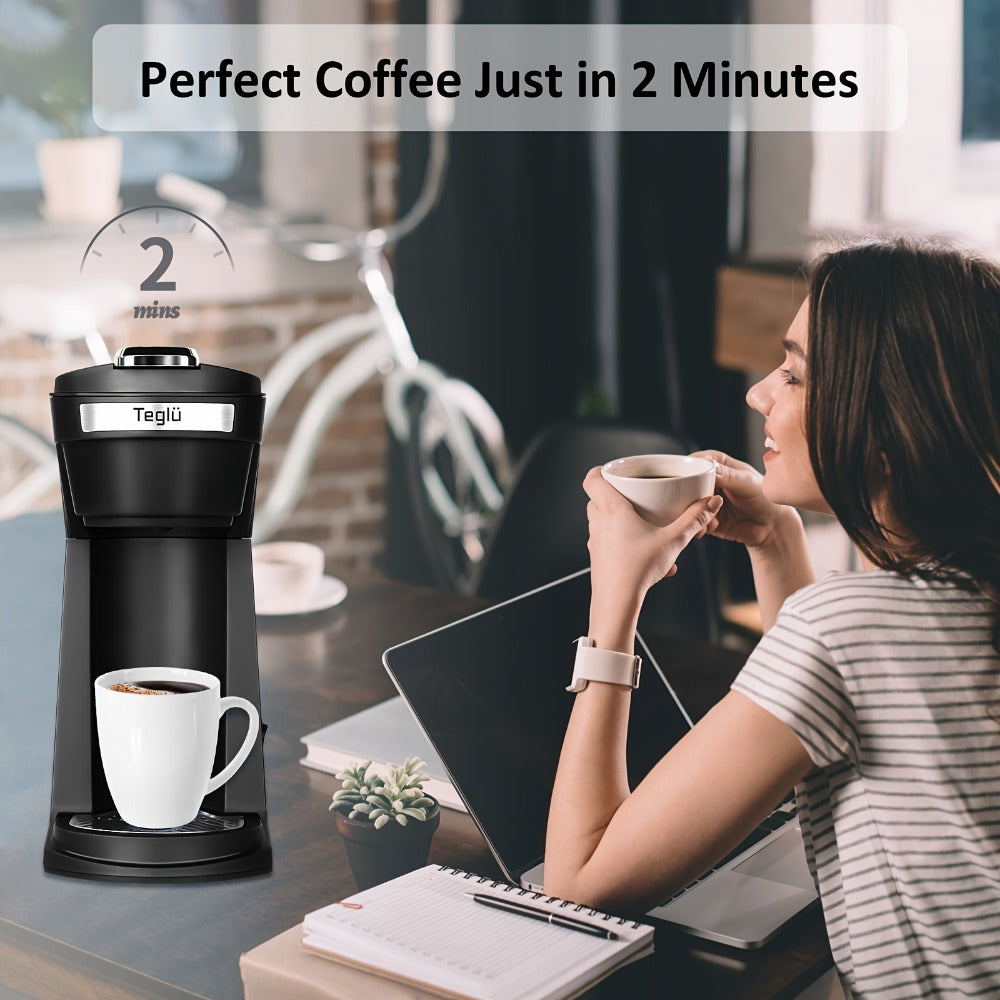 Single Serve Coffee Maker 2-in-1 for K-Cup Pods and Ground Coffee One-Button Operation 6-14oz Brew Sizes Auto Shut-Off Stainless Steel Drip Coffee Machine Blue Black Red Grey