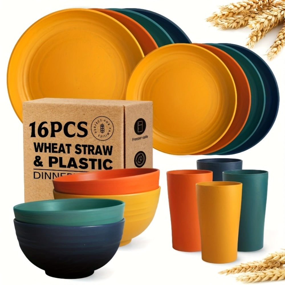 Wheat Straw Dinnerware Set 16 or 32 Piece ¨C Plates & Bowls for 4 or 8 People, Microwave & Dishwasher Safe Plastic Dish Set, Lightweight Colorful Tableware for Home, Party & Holiday