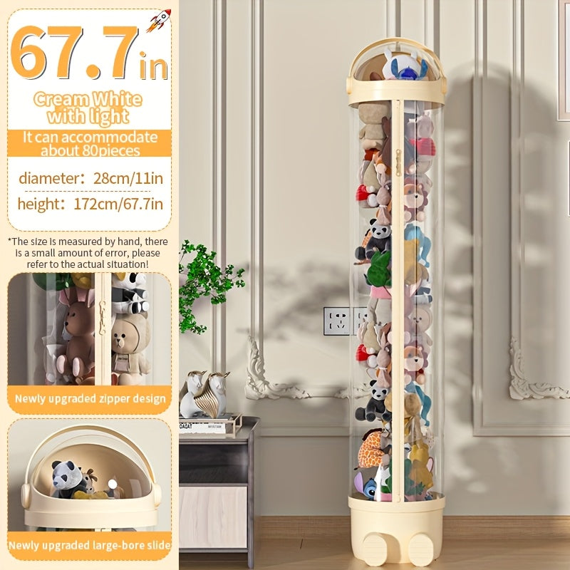 Stuffed Animal Storage Bin Transparent Cylindrical with Zipper ¨C Large Plush Toy Organizer for Kids Bedroom Living Room ¨C Clear Doll Storage Bag Easy Assembly